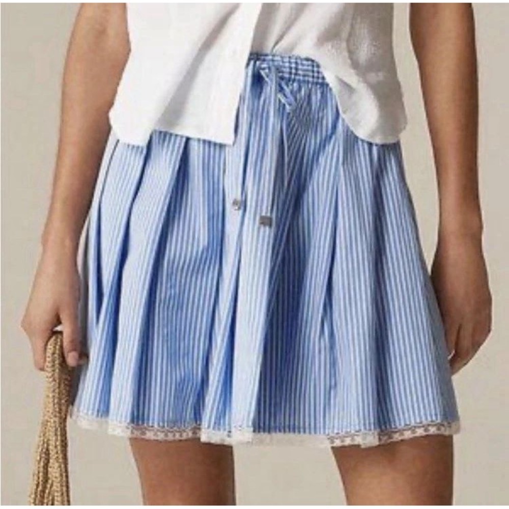 J Crew 2025 Sz LARGE Pleated tie-waist mini skirt in stripe Blue White Full